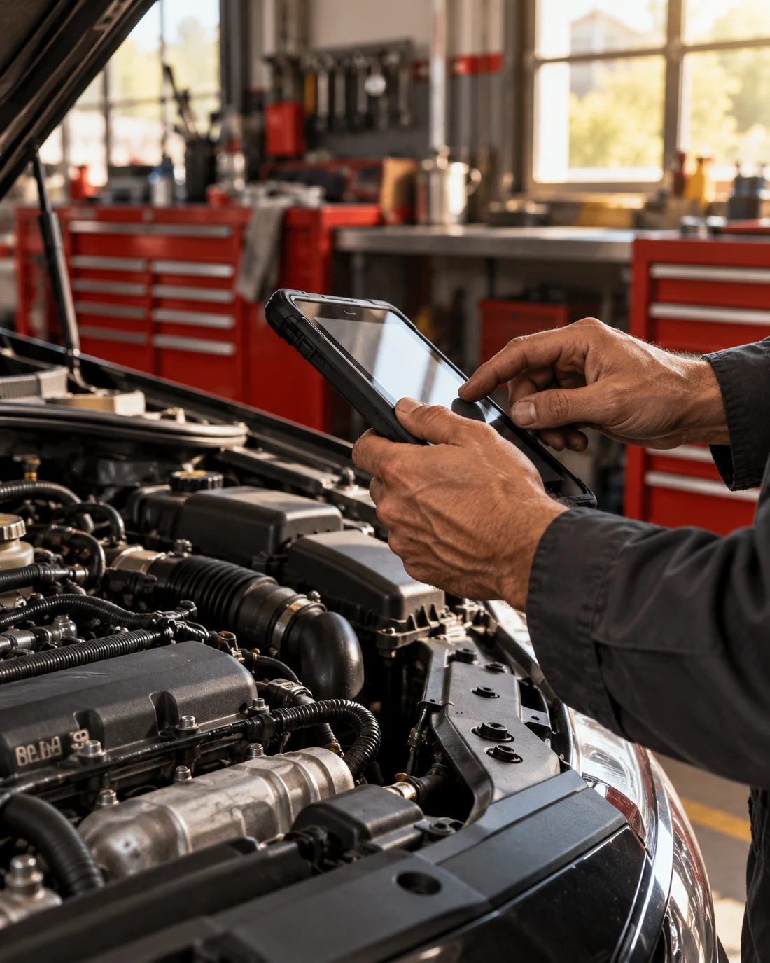 Illustrative automotive technician working with a diagnostic tablet